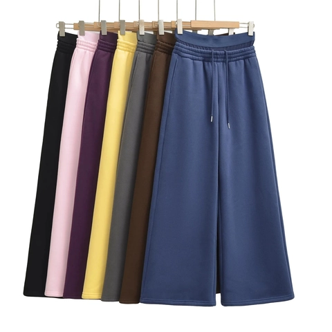 Women American Maillard High Waist Wide Leg Sweatpants Fleece Lined Thick Drawstring Straight Leg Trousers Solid Color Pants