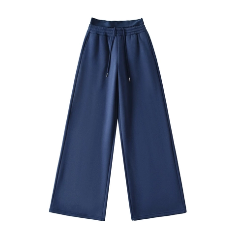 Women American Maillard High Waist Wide Leg Sweatpants Fleece Lined Thick Drawstring Straight Leg Trousers Solid Color Pants