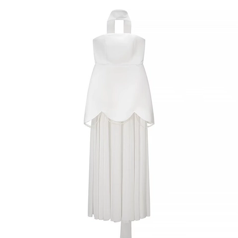 Women's Elegant Strapless Halter Maxi Dress Pleated Satin Chiffon Artificial Pearl Decor High Waist Party Evening Long Dress