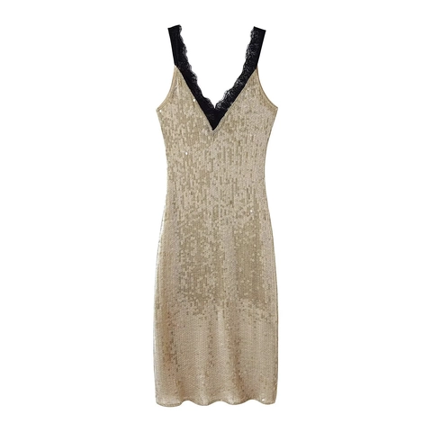 Damen Gold Pailletten Sexy V-Ausschnitt Rückenfrei Ärmellos Trägerkleid Schwarz Spitze Elegant Abend Party Promi Kleid