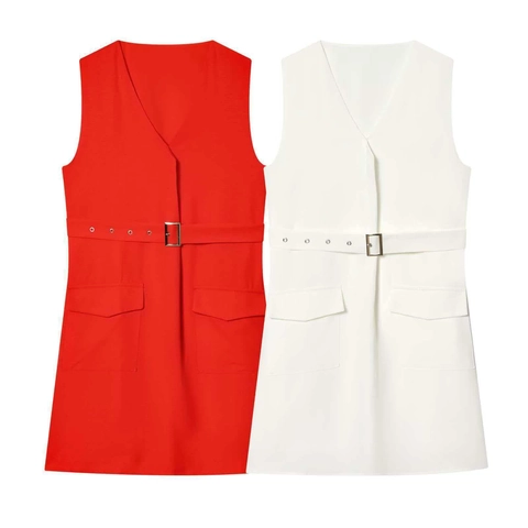 Damen Elegantes V-Ausschnitt Ärmelloses Midikleid Mit Gürtel Einfarbig Slim Fit Weste Kleid Büro Dame Sommerbekleidung