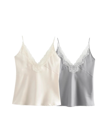 Damen Elegant Spitze Satin Leibchen Sexy V-Ausschnitt Spaghetti-Träger Ärmelloses Top Sommer Casual Home Base Layer Einfarbig
