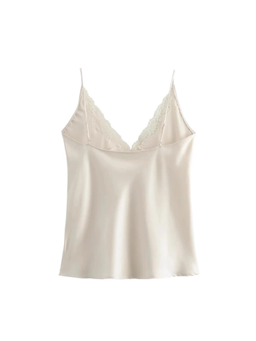 Damen Elegant Spitze Satin Leibchen Sexy V-Ausschnitt Spaghetti-Träger Ärmelloses Top Sommer Casual Home Base Layer Einfarbig