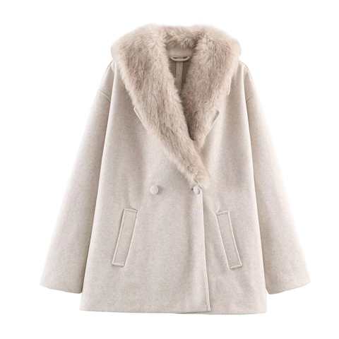 Damen Elegant Off-white Kunstpelzkragen Wollmantel Zweireihige Kurze Jacke Warme Pendler Oberbekleidung mit Taschen