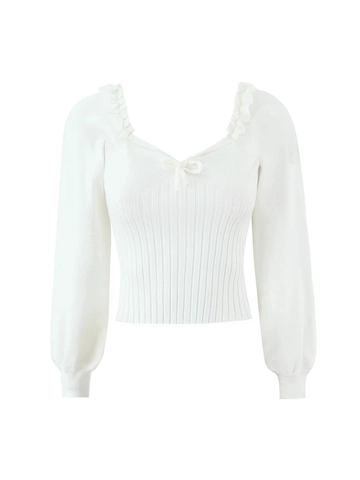 Women's Elegant Ribbed Knit Sweater Ruffle Trim V-Neck Bow Detail Long Sleeve Slim Fit Pullover Top Solid Color Jumper