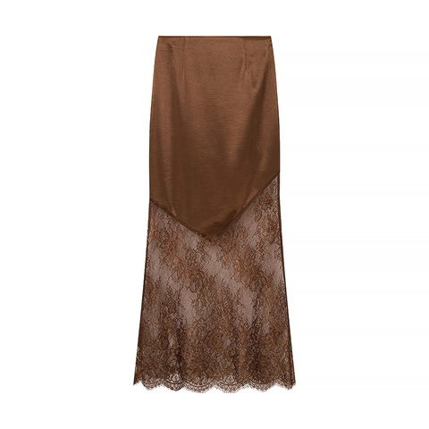 Damen Satin Patchwork Spitze Midi-Rock Elegant Hohe Taille Sexy Schlitz Saum Streetwear Braun Unterteile Für Party Alltag