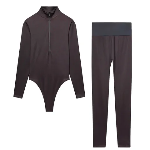 Damen Stehkragen Halbreißverschluss Body Und Hohe Taille Leggings Set Geometrisches Monogramm Muster Schlanke Passform Trainingsanzug