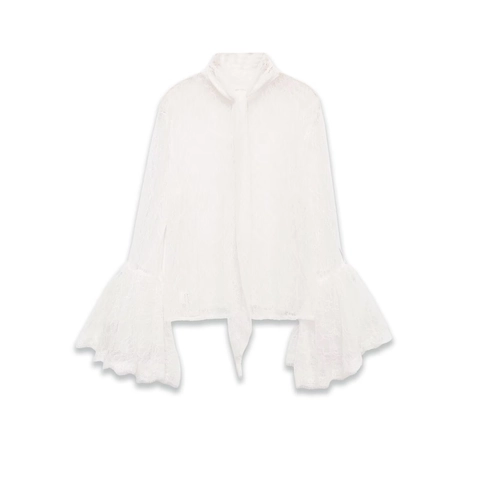 Blusa Elegante de Mujer con Retazos de Encaje Cuello Alto con Lazo Mangas Acampanadas Largas Color Sólido Vintage Top de Fiesta