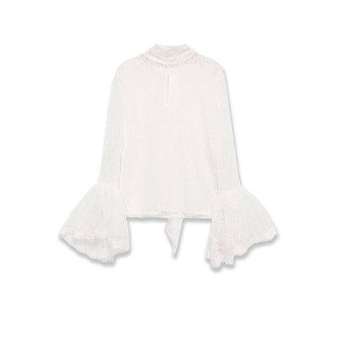 Blusa Elegante de Mujer con Retazos de Encaje Cuello Alto con Lazo Mangas Acampanadas Largas Color Sólido Vintage Top de Fiesta