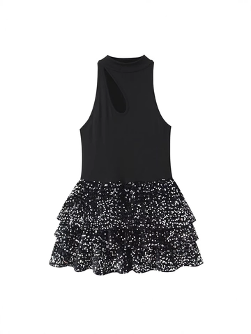 Abito da Donna Elegante con Scollo all'Americana Cutout Paillettes a Balze Senza Maniche a Vita Alta Patchwork per Feste