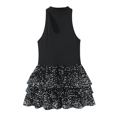 Abito da Donna Elegante con Scollo all'Americana Cutout Paillettes a Balze Senza Maniche a Vita Alta Patchwork per Feste