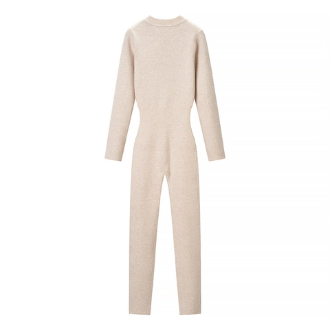 Women Sexy Ribbed Knit Long Sleeve Jumpsuit Stand Collar Half Zipper Slim Fit Solid Color Bodycon Romper One Piece Outfit