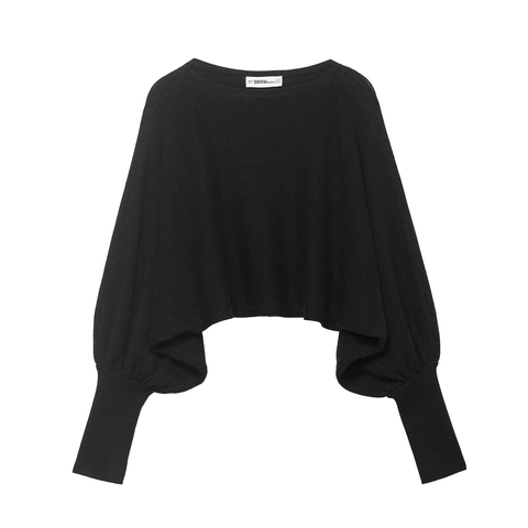 Women's Casual Round Neck Long Sleeve Bubble Sleeve Knit Sweater Elegant Solid Color Loose Short Pullover Knitwear Top