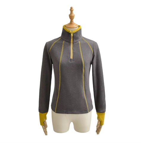 T-Shirt de Sport Décontracté pour Femmes Demi-Zip Col Montant Manches Longues Surpiqûres Contrastées Haut Slim Fit Avec Passants de Pouce