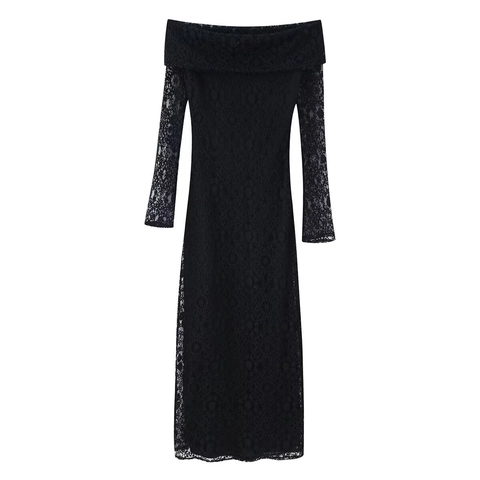 Women Sexy Off Shoulder Lace Maxi Dress Long Sleeve Hollow Out Slim Fit Elegant Evening Party Black Dress