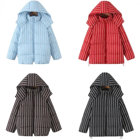 Dames Casual Gestreept Gewatteerde Jas Winterjas Warm Met Capuchon Opstaande Kraag Ritssluiting Outwear Met Trekkoord