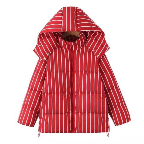 Dames Casual Gestreept Gewatteerde Jas Winterjas Warm Met Capuchon Opstaande Kraag Ritssluiting Outwear Met Trekkoord