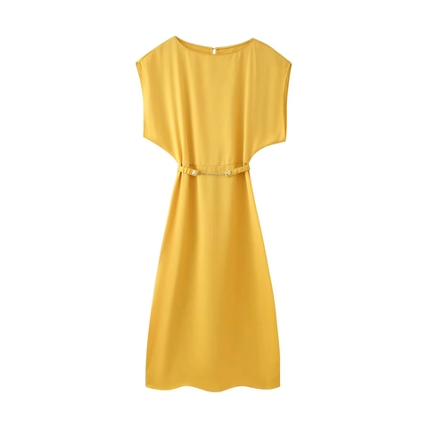 Women Elegant Satin Texture Midi Dress Round Neck Short Sleeve Solid Yellow Dress With Chain Belt For Work Party Office