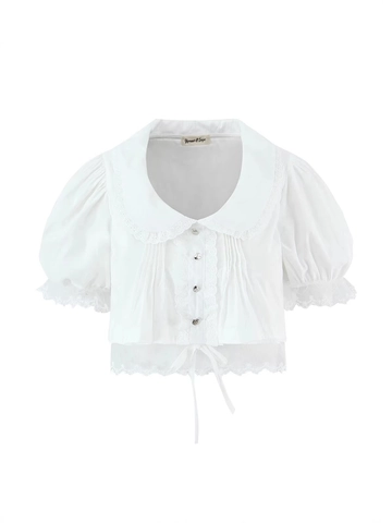 Blusa de Mujer Dulce de Algodón Blanco con Encaje Cuello de Bebé Manga Abullonada Crop Top Vintage Francés con Lazo Moda