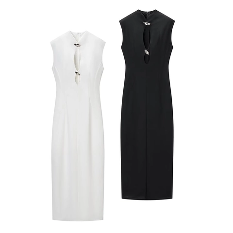 Minimalistisches Ärmelloses Bodycon Maxi Kleid Metallknopf Ausschnitt Vorne Sexy Rückenfreies Schlitz Langes Kleid Streetstyle Abendparty Kleid Damen