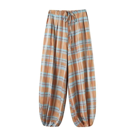 Pantalones De Linterna De Cuadros Para Mujer Pantalones Harem Gingham Sueltos Con Cintura Elástica Y Cordón Pantalones Casuales De Moda