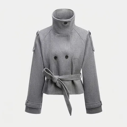 Dames Elegante Double-breasted Wollen Jas Staande Kraag Kort Jasje Met Riem Epauletten Effen Kleur Winter Herfst Bovenkleding
