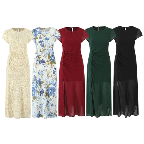 Women Chic Ruched Button Decoration Round Neck Slit Midi Dress Short Sleeve Slim Fit Solid Color Floral Print Summer Dress