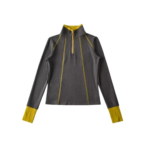 T-Shirt de Sport Décontracté pour Femmes Demi-Zip Col Montant Manches Longues Surpiqûres Contrastées Haut Slim Fit Avec Passants de Pouce