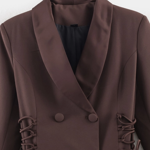 Dames Casual Polyester Blazer Jas Streetwear Patchwork Vetersluiting Double Breasted Lange Mouwen Koffiebruin
