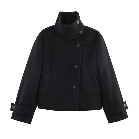 Giacca Corta da Donna Casual Nera con Collo in Piedi Cappotto in Lana Sintetica con Bottoni Streetwear Invernale