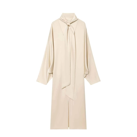 Vestido Largo Elegante de Satén para Mujer con Cuello Bufanda Manga Larga Color Sólido Ajuste Holgado Vestido de Noche