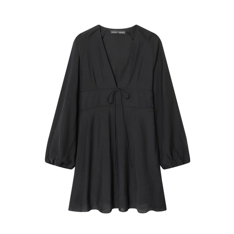 Women V-Neck Long Sleeve Mini Dress Polyester Plain Solid Color With Waist Tie Bow Lantern Sleeve Elegant Short Dress
