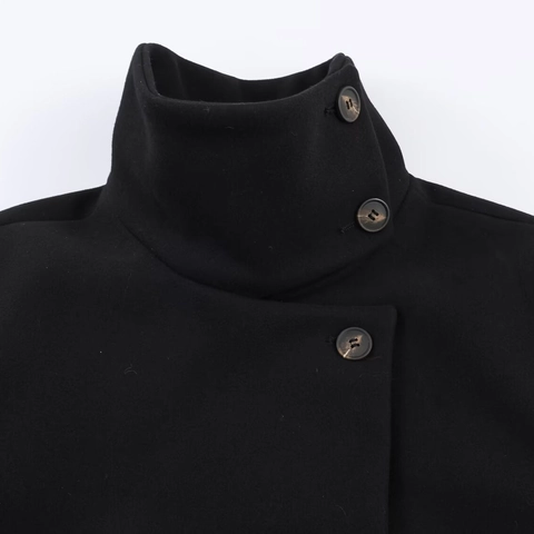 Giacca Corta da Donna Casual Nera con Collo in Piedi Cappotto in Lana Sintetica con Bottoni Streetwear Invernale