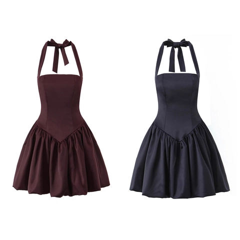 Abito Mini in Satin a Scollo all'Americana da Donna Elegante Schiena Scoperta Fiocco Gonna a Palloncino Sexy Senza Maniche