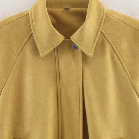 Chaqueta Bomber para Mujer Efecto Ante Poliéster Amarillo Mostaza Solapa Manga Larga Corto Ranglán Color Sólido Abrigo Casual