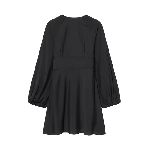 Women V-Neck Long Sleeve Mini Dress Polyester Plain Solid Color With Waist Tie Bow Lantern Sleeve Elegant Short Dress
