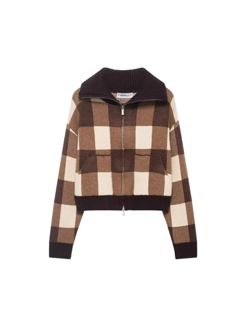 Maglione Donna a Scacchi con Bavero e Cerniera Vintage Fantasia a Griglia Manica Lunga Cardigan in Maglia Largo Casual Autunno Inverno