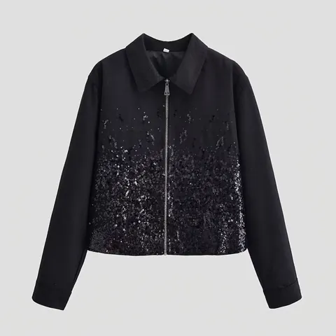 Womens Black Sequined Lapel Zipper Jacket Fashion Casual Long Sleeve Outerwear Streetwear Polyester Coat For Winter Daily