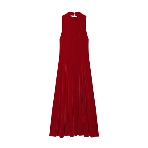 Elegantes Weinrotes Samt Rückenfreies Maxikleid Für Damen Ärmellos Halfter Ausschnitt A-Linie Party Abend Slim Fit Langes Kleid