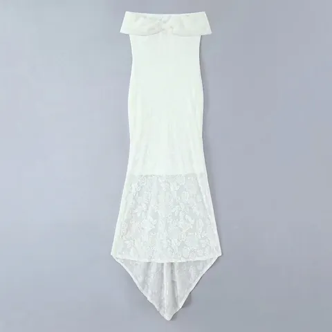 Vestito da Donna in Pizzo Bianco Senza Spalle Con Collo in Pelliccia Sintetica Rimovibile Abito da Sera a Sirena Matrimonio