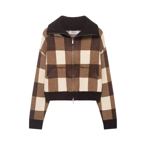 Maglione Donna a Scacchi con Bavero e Cerniera Vintage Fantasia a Griglia Manica Lunga Cardigan in Maglia Largo Casual Autunno Inverno
