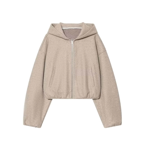 Women's Casual Oatmeal Two-Piece Set Cropped Hooded Zipper Jacket and High Waist Wide Leg Pants Polyester Commuter Tracksuit