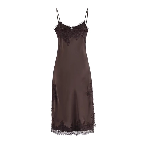 Women Casual Satin Midi Dress French Lace Splicing Spaghetti Strap V Neck Bow Sexy Slip Dress Evening Party Outfits