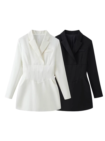 Vestido Blazer Elegante para Mujer Manga Larga Cintura de Corsé Mini Vestido Color Sólido Cuello en V Ropa de Oficina