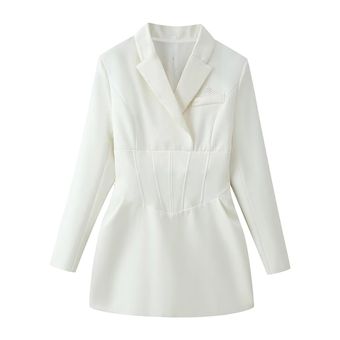 Vestido Blazer Elegante para Mujer Manga Larga Cintura de Corsé Mini Vestido Color Sólido Cuello en V Ropa de Oficina