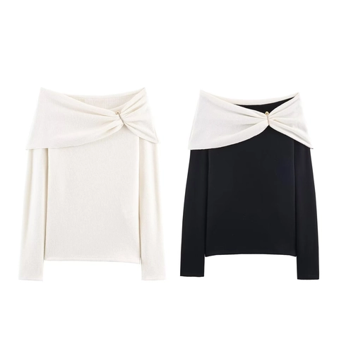 Women Off Shoulder Knit Top Long Sleeve Sweater With Metal Pin Embellishment Elegant Streetwear Contrast Color Pullover
