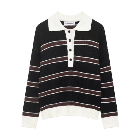 Γυναικείο Casual Ριγέ Πλεκτό Πουλόβερ Polo Μακρυμάνικο Γιακάς Χρωματική Αντίθεση Κουμπιά Μπροστά Πλεκτό Τοπ Φθινόπωρο Χειμώνας