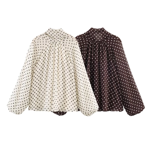 Women Retro Polka Dot Chiffon Blouse Elegant Long Lantern Sleeve Pussy Bow Tie Neck Shirt Lightweight Casual Top For Office
