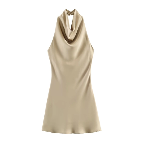 Elegantes Damen Satin Neckholder Wasserfallkragen Rückenfrei Midi Kleid Ärmellos Glänzend Party A-Linie Abendkleid