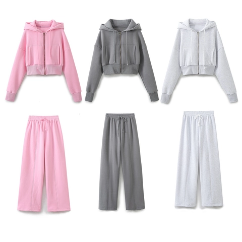 Conjunto Casual De Mezcla De Algodón Para Mujer Con Chaqueta Con Capucha Pantalones Jogger Y Top Tubo Acanalado Sudadera Con Capucha Corta Con Cremallera Pantalones Anchos